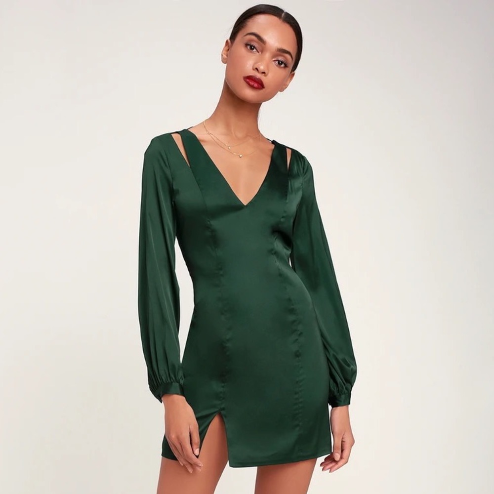 Lulus Amanda Forest Green Satin Cutout Long Sleeve Dress